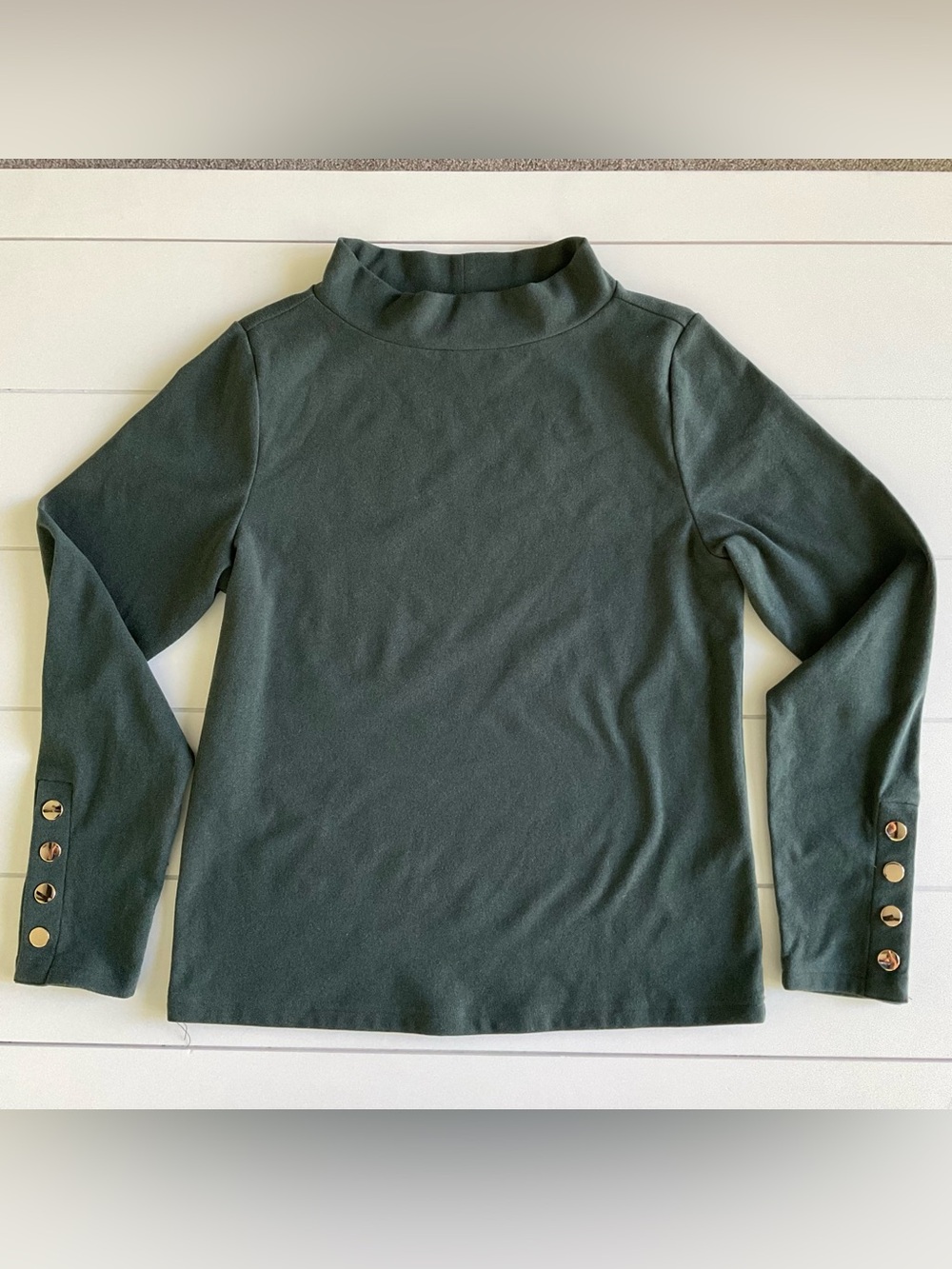 Duffield Lane Elaine Mock Neck Top Forest Green Gold Snap Cuffs
